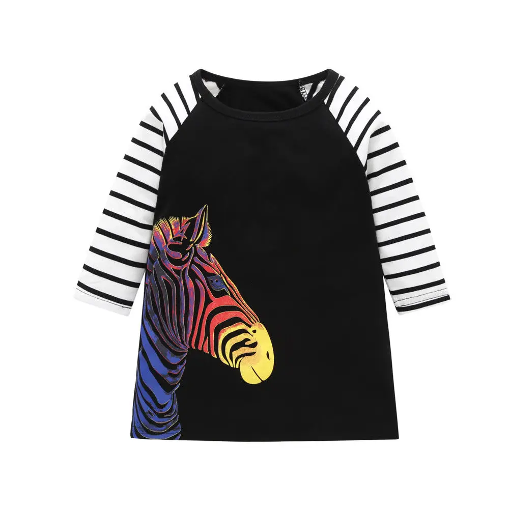 Baby Kid Girl Spring Clothes Horse Stripe Print Princes long sleeves Party Dress