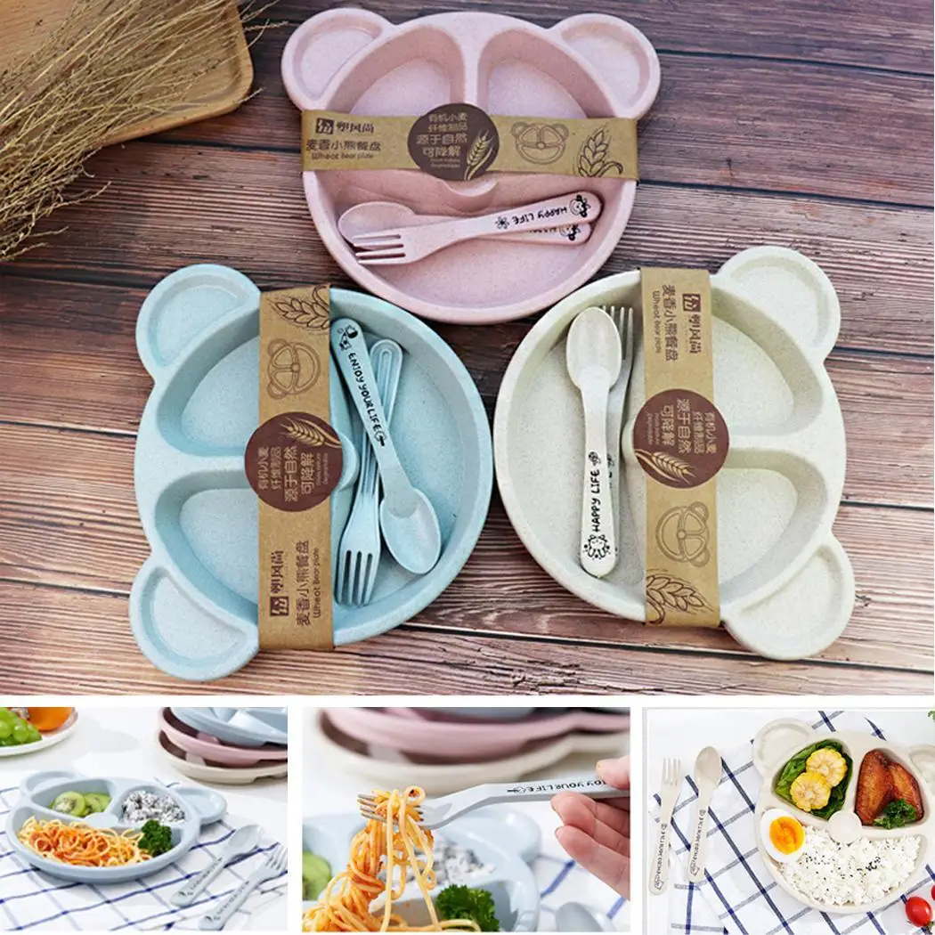 Pink Cute Blue Toddler Tableware Wheat Modern Children Casual Cartoon Set Divided Plates Kids Unisex Straw Beige