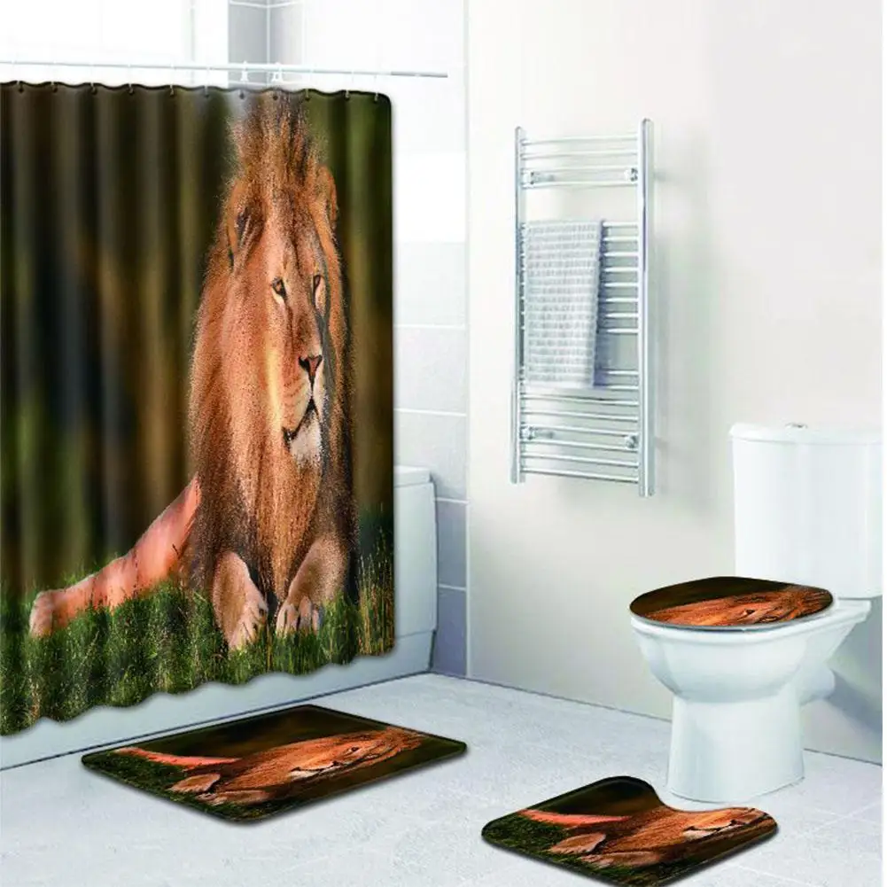

4Pcs/Set Lion Pattern Printing Non-Slip Home Toilet Pad Cover Bath Mat + Shower Curtain Set