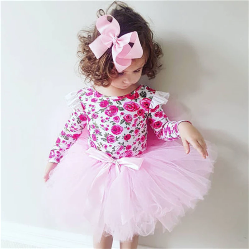

Long Sleeve New Fashion Floral Mini Dress High Waist Baby Girls Mesh Pleated Patchwork Princess Party Dress