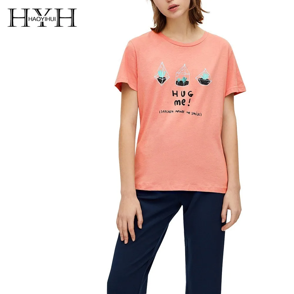 

HYH Haoyihui Simplicity Ins Streetwear tshirts Letter Printing Round Collar Short Sleeve T -Shirt Befree Summer Tops