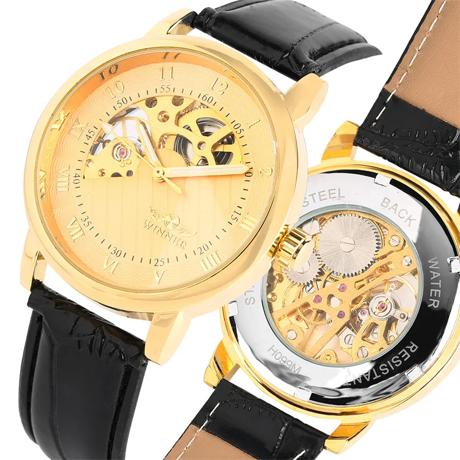 Механическая ручная намотка часы для мужчин половина полые дисплей циферблат деловые наручные часы пояса из натуральной кожи ремешок для