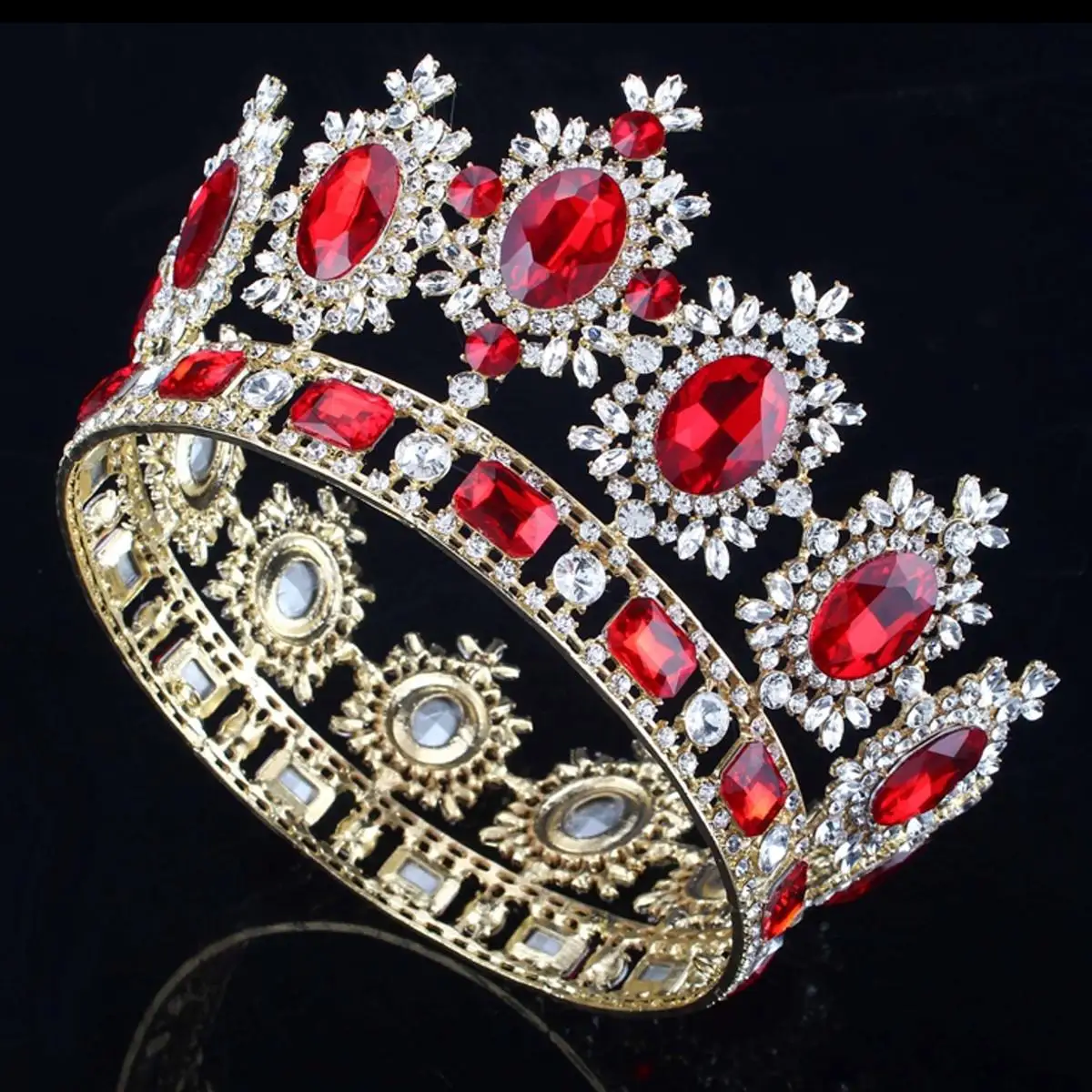 

Large Red Crystal Gold King Queen Crown Big Wedding Prom Party Pageant Bridal Diadem Royal Tiaras Hair Accessories