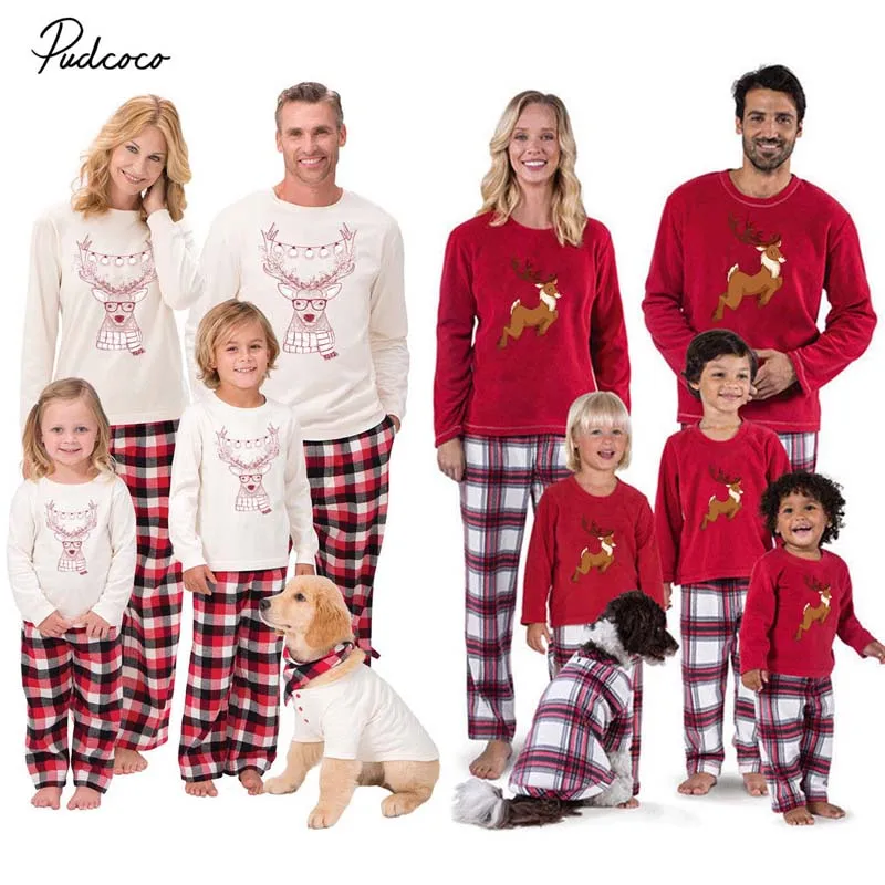 

Pudcoco Family Matching Christmas Pajamas PJs Set 2018 New Autumn Winter Cute Xmas Elk Deer Sleepwear Nightwear Tops+Plaid Pants