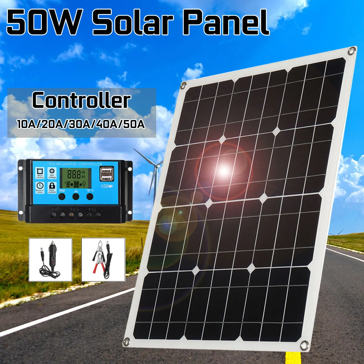 

50W double USB Output Solar Panel Solar Cells Poly Solar Panel 10/20/30/40/50A controller for Car Yacht 12V Battery Boat Charger