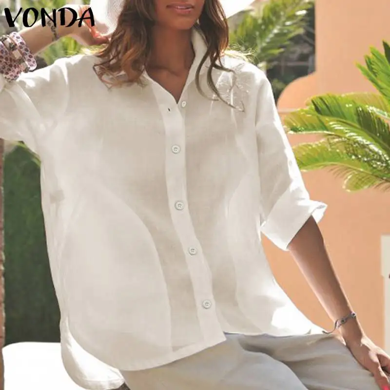 

VONDA Women White Shirts 2019 Autumn Blouses Pregnant Casual Loose Lapel 3/4 Sleeve Asymmetrical Maternity Tops Plus Size Blusas