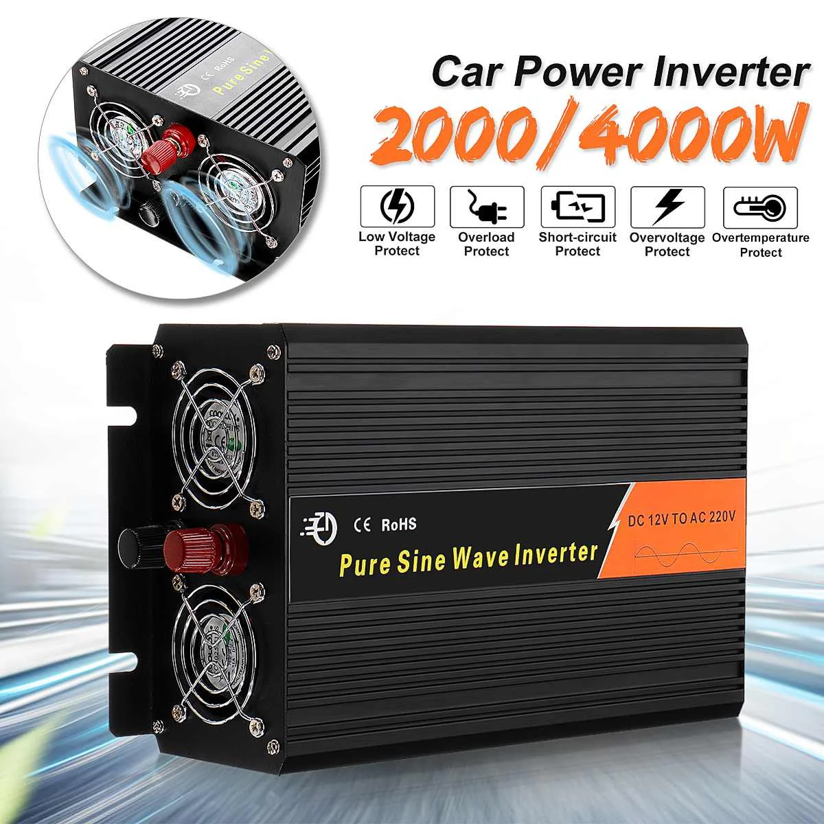 

2000/4000W Car Pure Sine Wave Power Inverter DC 12V To AC 220V Charger Converter Voltage Transformer 28x17x9cm Fully Functional