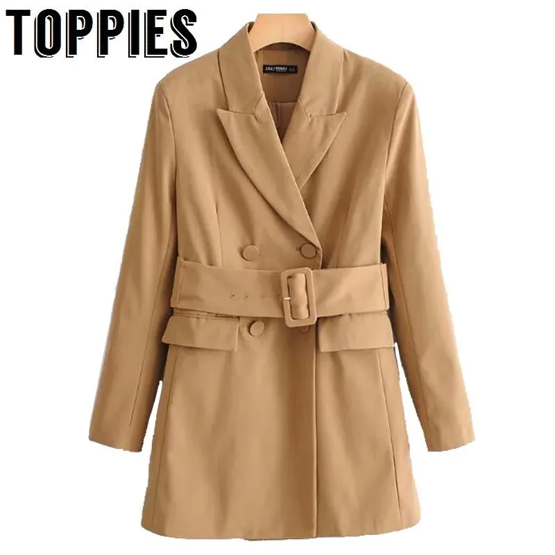 

2019 Women Double Breasted Leisure Blazer Jacket Streetwear Long Blazer Ladies Khaki Suit Jacket Loose Coat Belt Waist