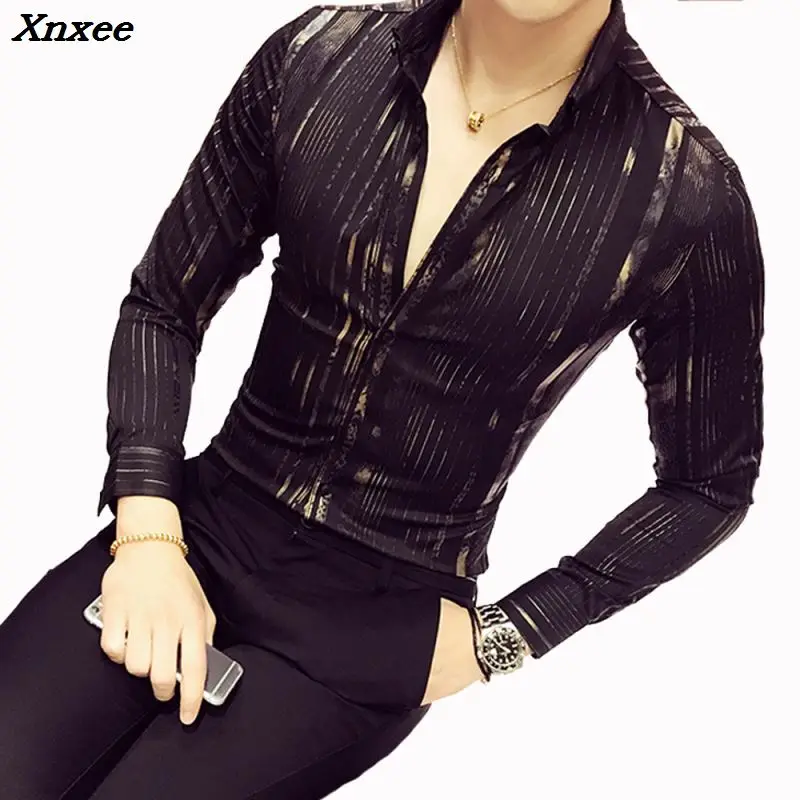 

Luxury Gold Shirt Men 2018 New Long Sleeve Black White Navy Red Party Club Sexy Night club Bar Stage Clothing Male Shirt Xnxee