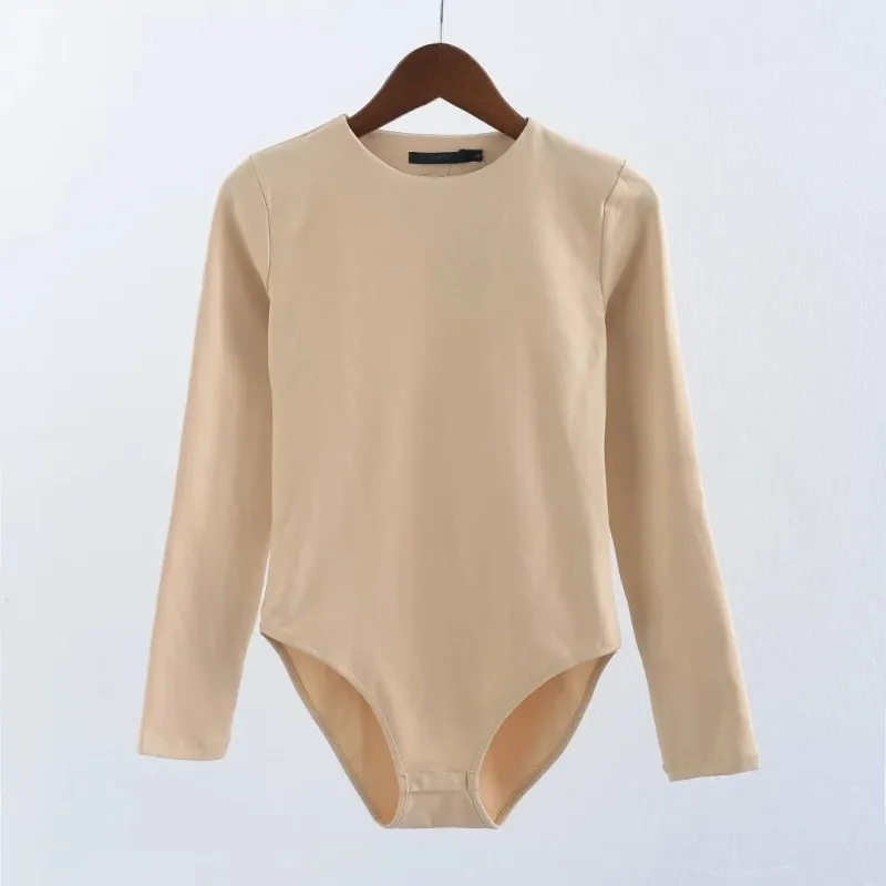

White/Black/Gray/Brown Casual Slim Rompers Ladies Spring O-Neck Long Sleeve Thin Solid Jumpsuits