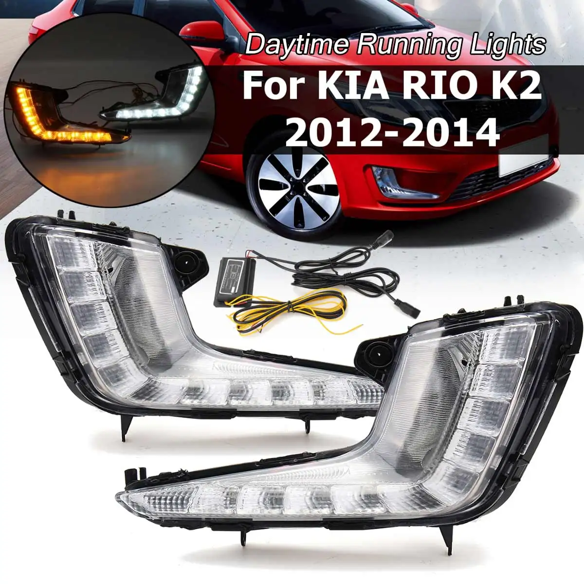 

Pair Yellow Turn Signal Function Car DRL Waterproof 12V LED Daytime Running Light Driving Fog Lamp For KIA RIO K2 2012 2013 2014