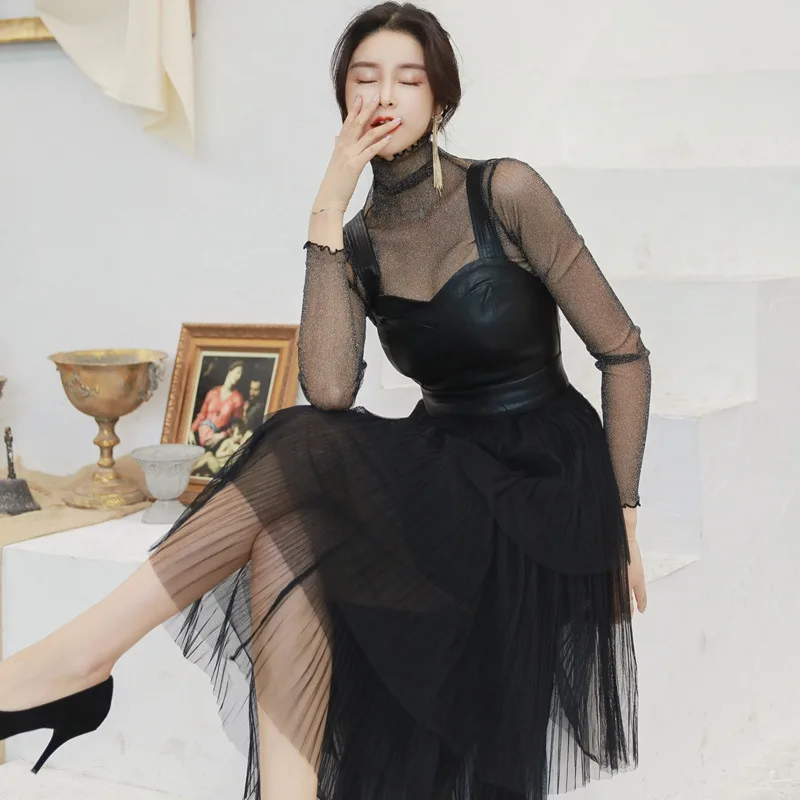 

DEAT 2019 Fashion New Sexy Mesh Stitching Solid Women Dress Casual Hot Sale Trendy Tide Spring Party Clothes BF168
