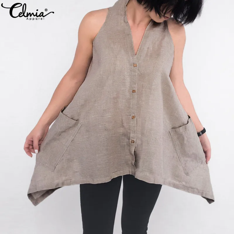 

Celmia 2019 Summer Women Sexy Blouse Sleeveless Casual Asymmetric Halter Shirt Tunic Tops Button Down Linen Blusas Femininas 5XL