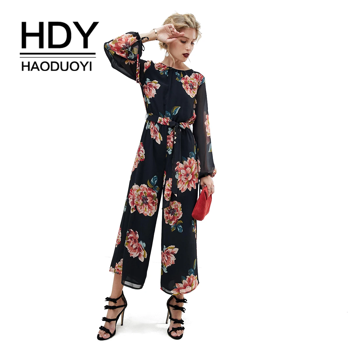 

HDY Haoduoyi Flirty Print See-Through Sexy Party Backless Jumpsuit Streetwear Sping Long Sleeve Lady Jumpsuits New Arrival