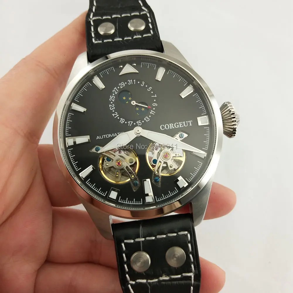 

47mm Corgeut Luminous Black dial flywheel Automatic Mens Date Watch