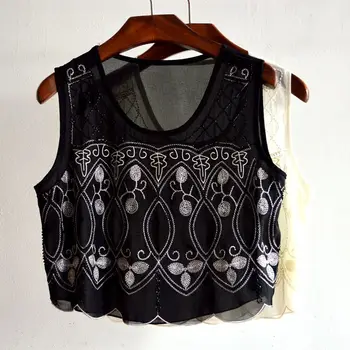 

New Pattern Exquisite Embroidery Pearl Chiffon Vest Sleeveless Camisole Upper Garment Woman