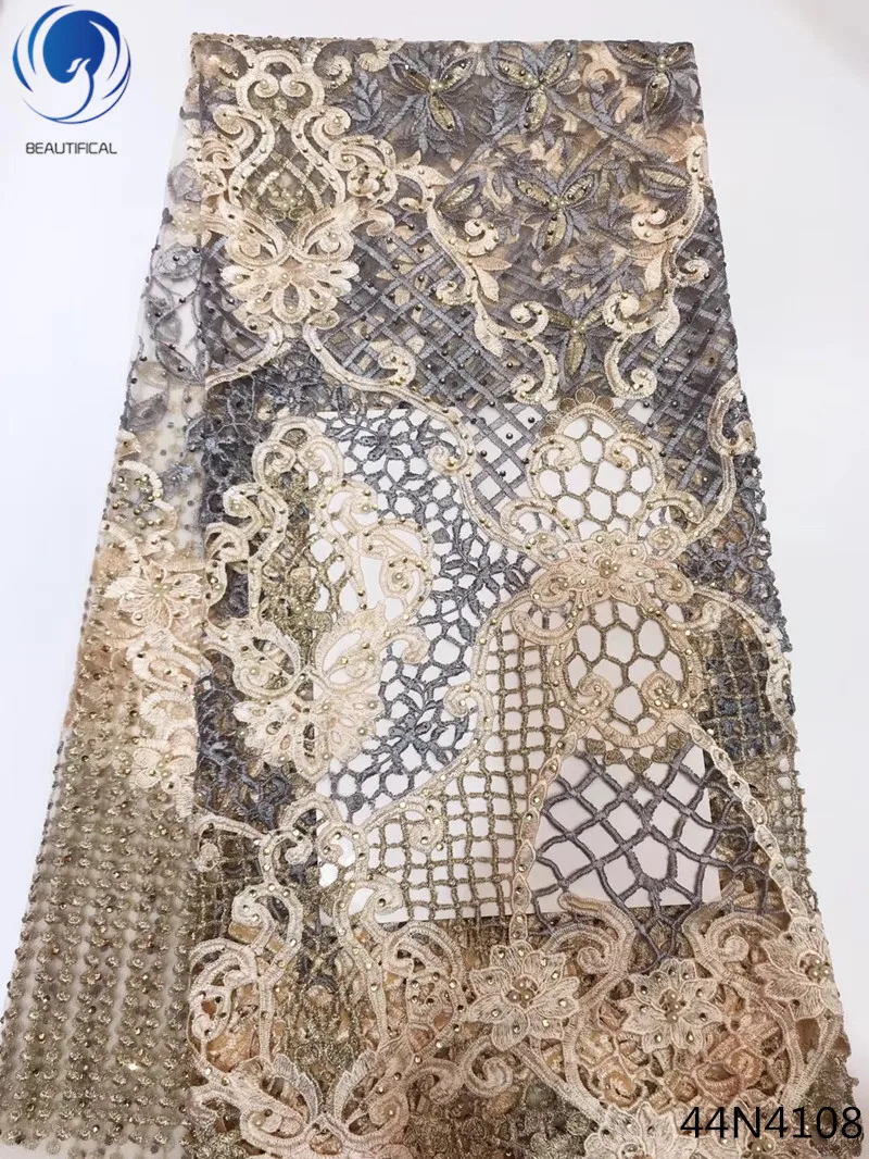 

Beautifical embroidered lace fabric wholesale african clothing high quality lace fabric grey lace fabric with lots beads 44N41