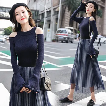 

Comelsexy 2019 New Arrival Fashion Spring Women Flare Sleeve Knit Sweater + Gradient Gauze Skirt Two-piece Skirt Set