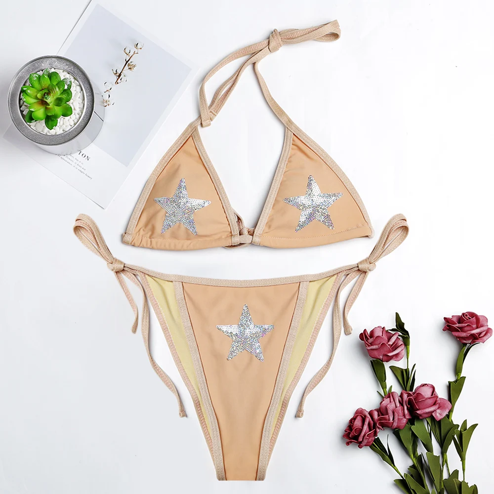 Halter Neck Backless Padded Sequins Print Low Waist Women Bikini Setin