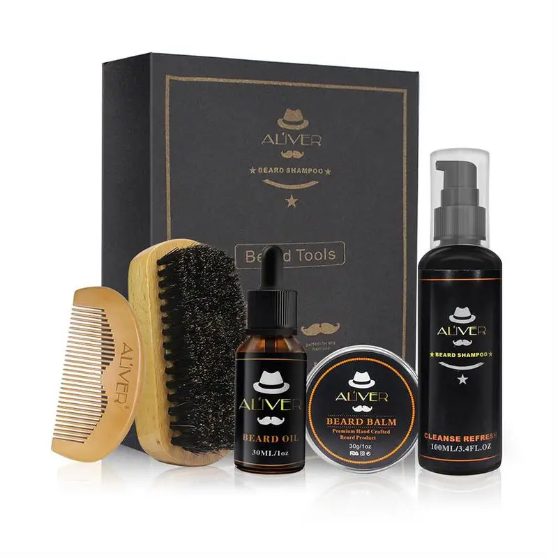 

5pcs Beard Clean Set With Essential Shampoo Brush Comb Oil Cream For Men Makes Soft Cleanse Refresh And Nature Styling Care Set