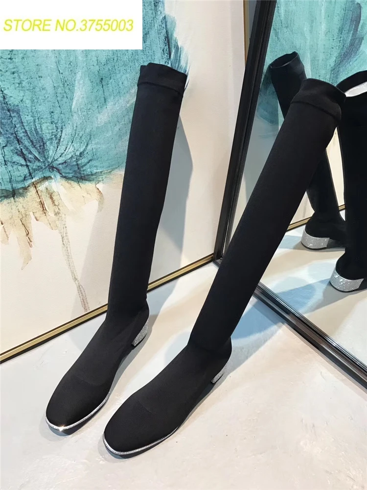 

New Fashion Black Stretch Fabric Women Knee High Boots Crystal Med Heel Ladies Sexy Slip On Knight Boots Bling Bottom Size 40