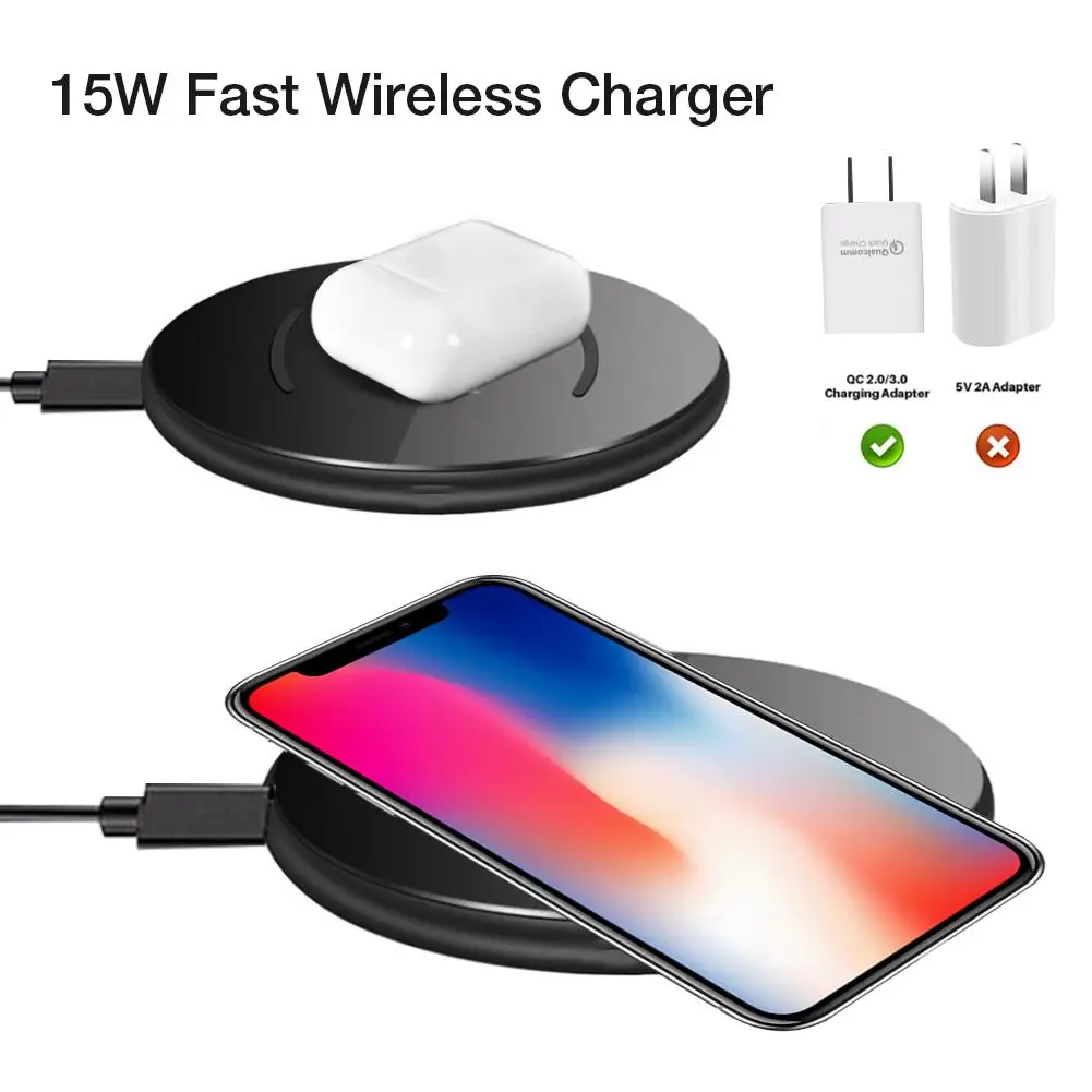 

Fast Charging 15W QI Wireless Fast Charging Ultra-thin Round Wireless Charger For HUAWEI Mate 20 LG V30 V40 AirPods 2