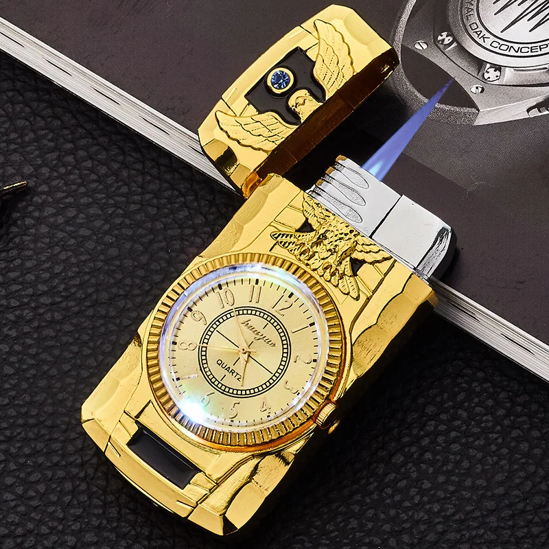 Clock Torch Turbo Lighter Butane Jet Lighter Men Gold Watch Quartz