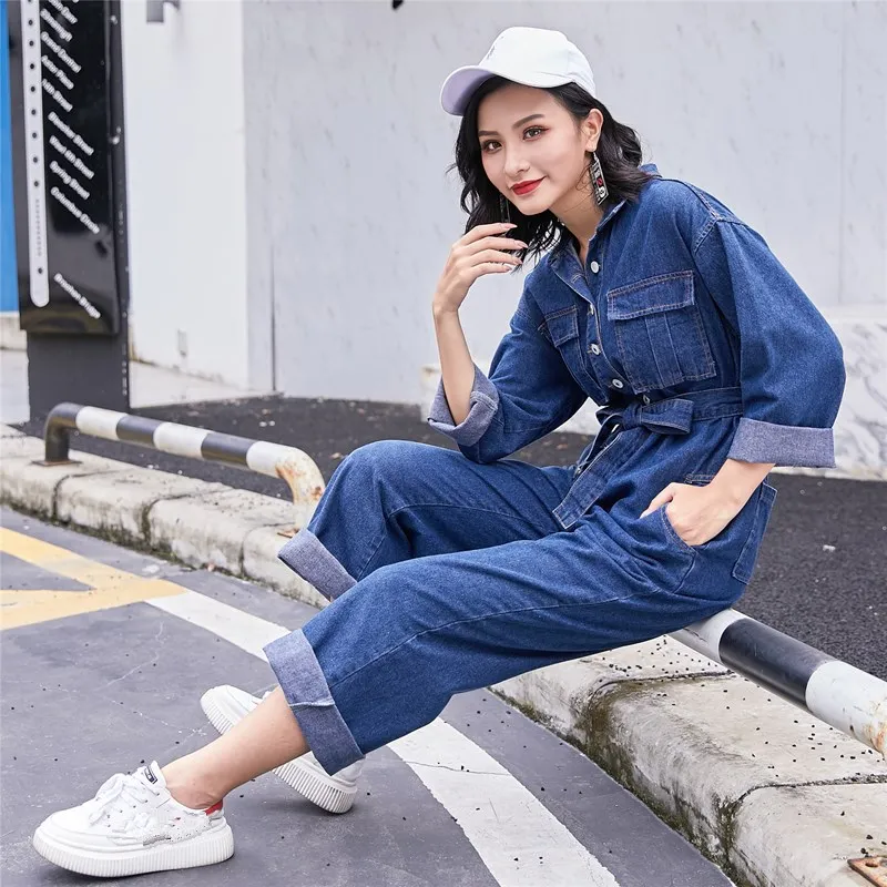 Blue sky With Fashion Autumn Blue Belt Sleeve Overalls Jumpsuits Jeans Long Turn Sashes Women Collar Denim Down wYagZq
