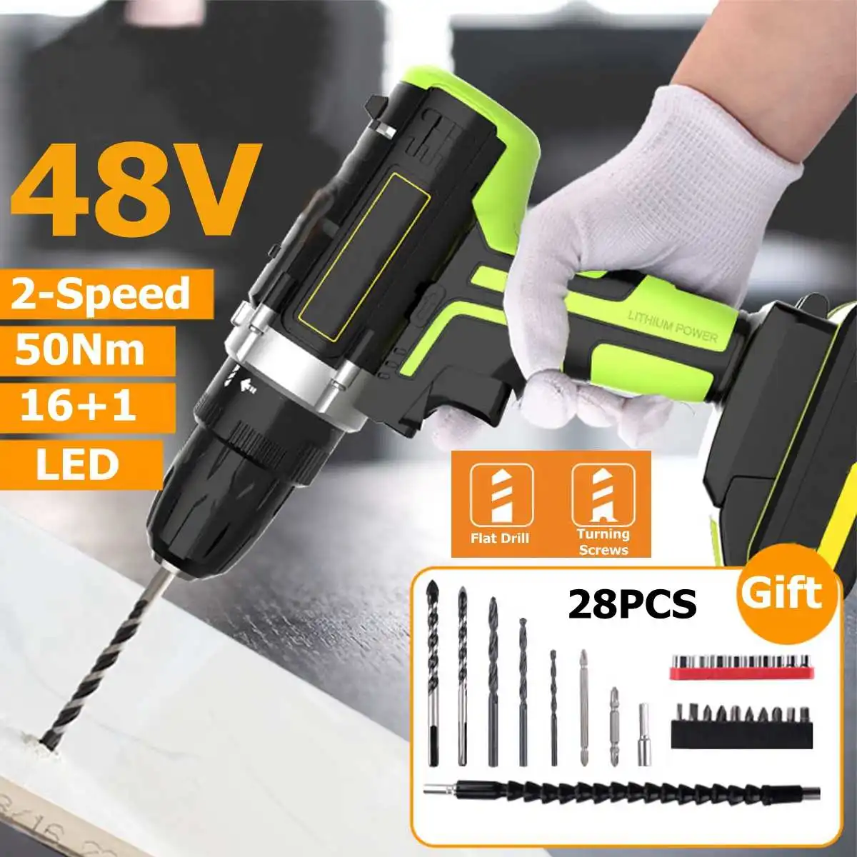 

Professional 48Vf Cordless drill Daul-Speed Adjustment LED lighting Large capacity battery 50Nm 16+1 torque 28pcs Accessories