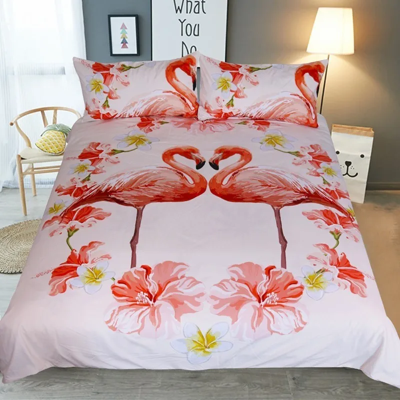 Reversible 3 Piece Flamingo Pattern Duvet Cover Set With Zipper