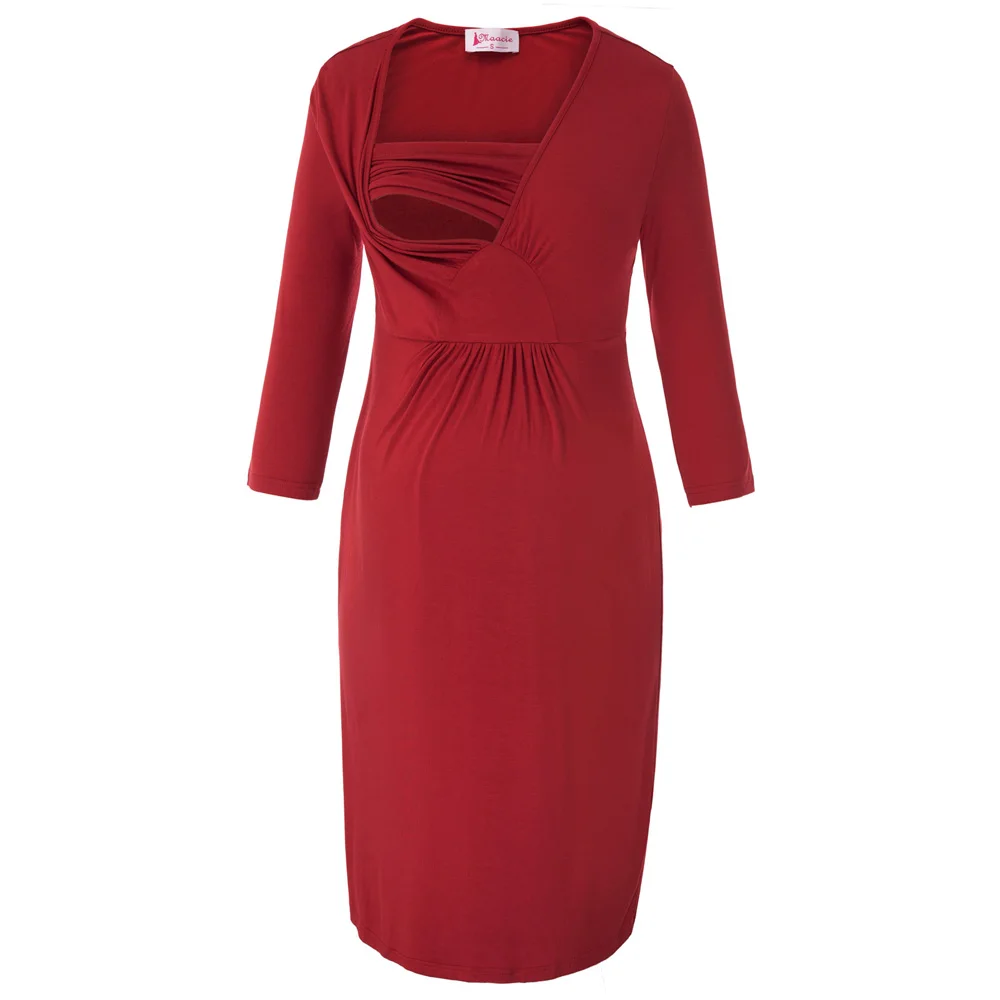 

New solid color stretch Women dresses Maternity soft Comfy Breastfeeding Nursing pleated decor midi length A-Line Dress vestido