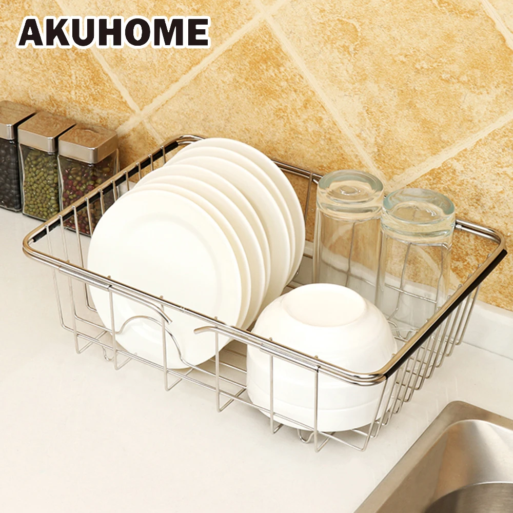 

Stainless steel kitchen sink drain basket Telescopic fruit and vegetable storage dishes basket sink drain rack AKUHOME