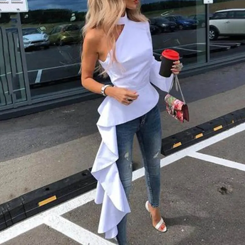 

Summer Sexy Club Elegant Office Lady White Women Long Blouses Causal Slim Ruffles Big Size Strapless Female Travel Beach Shirts