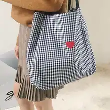 Женская Холщовая Сумка на плечо черно-белая клетчатая вышивка женская сумка для покупок ручные сумки из хлопчатобумажной ткани пляжные сумки