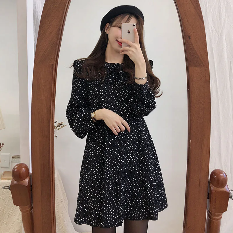 Cena 2019 śliczna urocza sukienka gorąca sprzedaż kobiety moda koreański styl projekt linia Preppy dziewczyny Vintage Polka Dot potargane Mini czarna sukienka