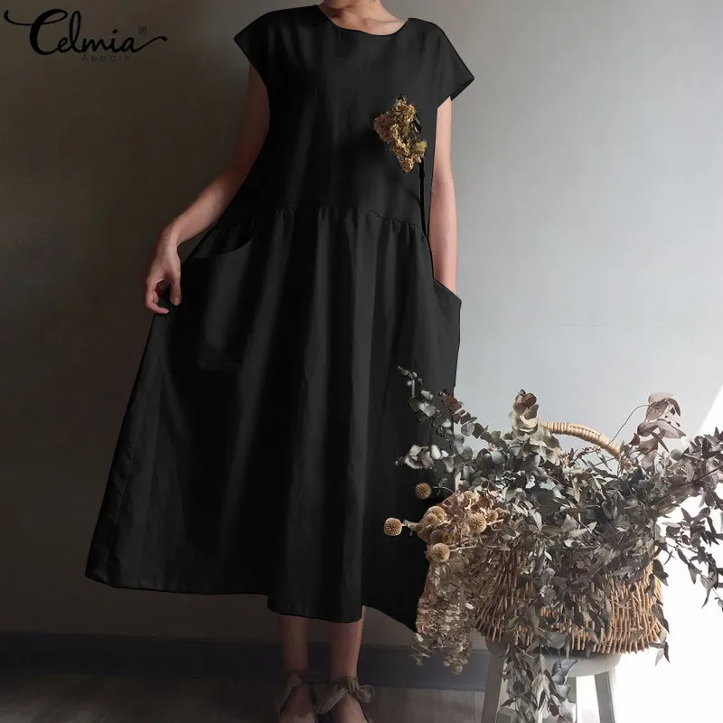 Celmia Women Vintage Linen Dress 2019 Summer Plus Size Sundress Ladies Short Sleeve Casual Loose Pl
