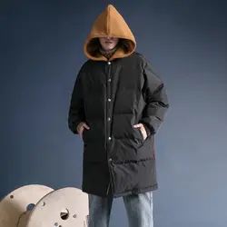 2018 зимние корейские мужские повседневные свободные поддельные две штуки длинная хлопковая стеганая одежда пальто с капюшоном однотонные