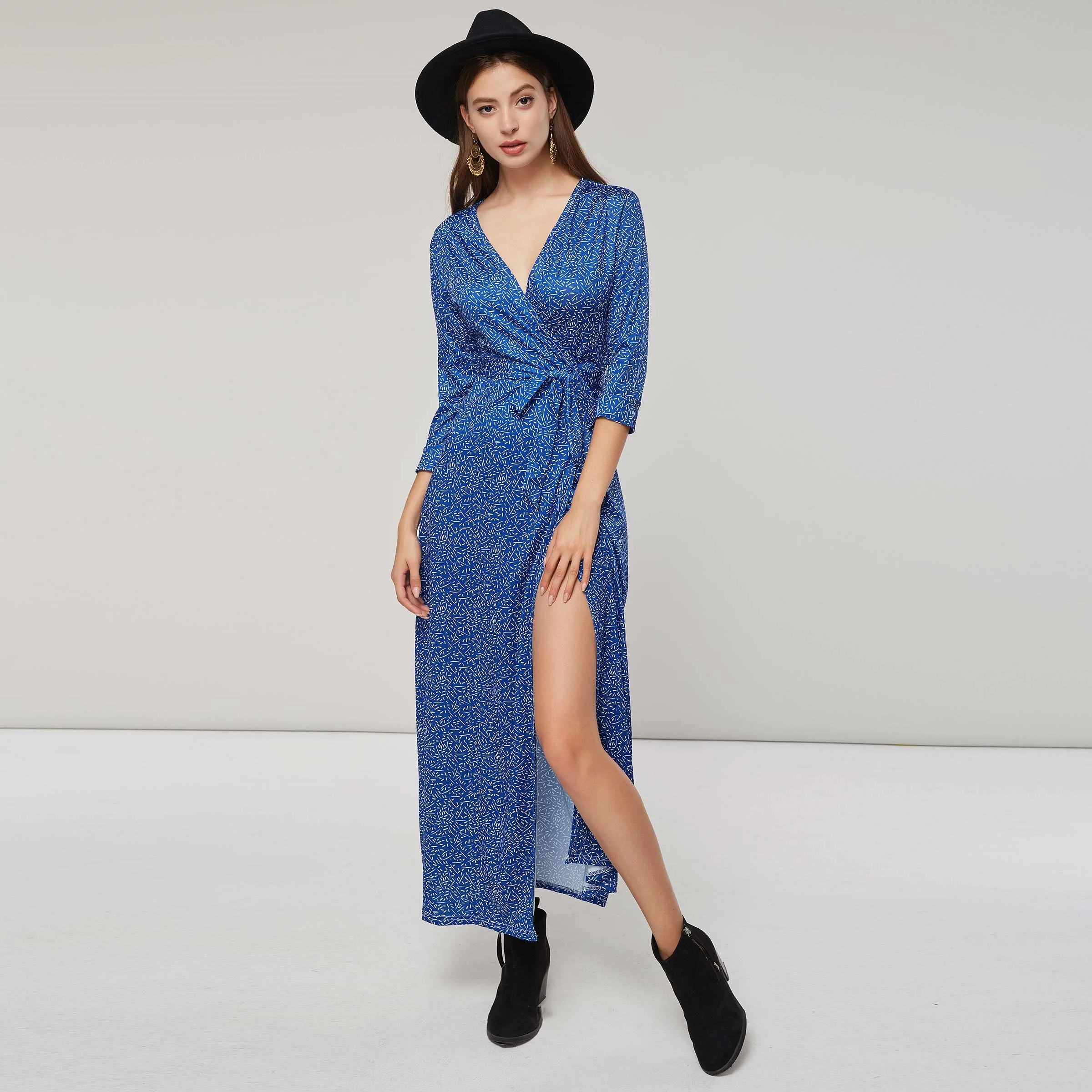 Для женщин макси платья Повседневное Boho синий прямой Высокая талия цветочный