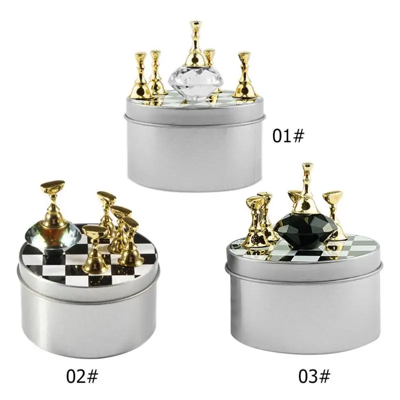 1 Set Nail Art Tips Practice Stand Crystal Rhinestone Fake Nail Tips Holder Chess Board Design 3