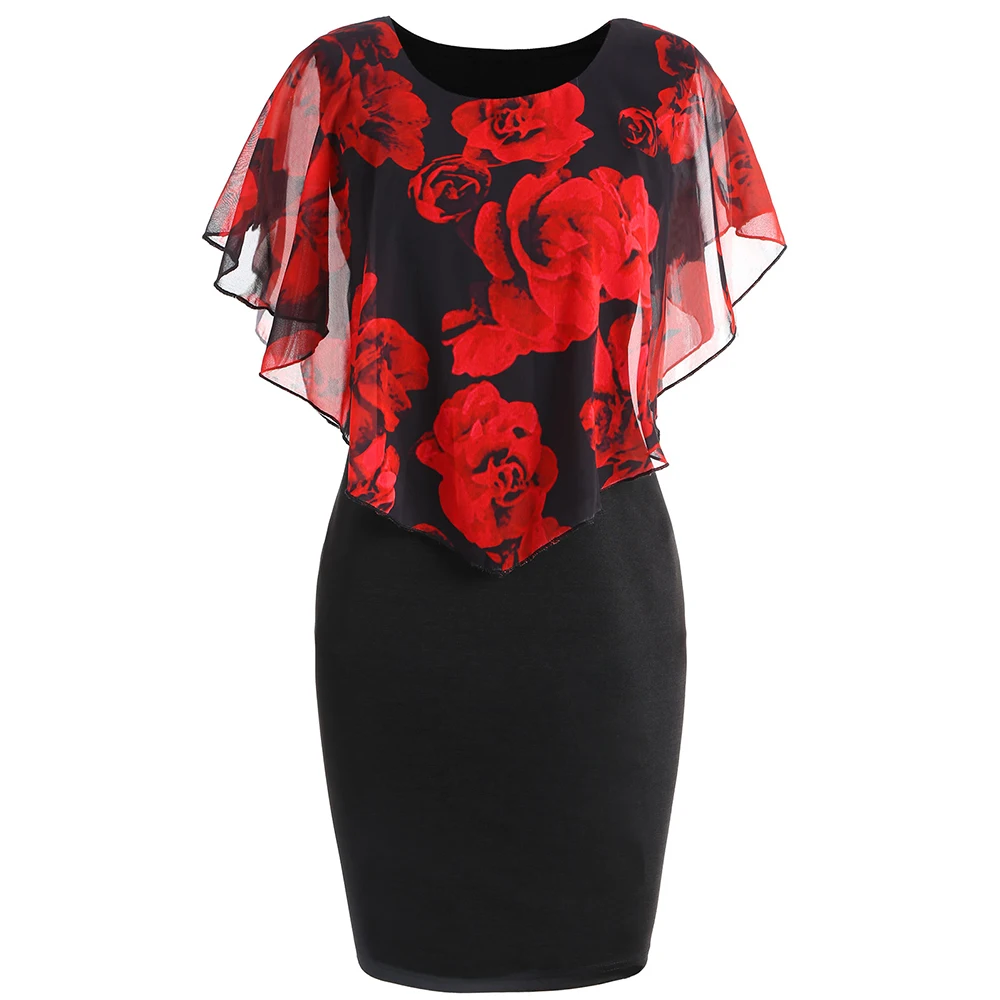 

Wipalo Women Summer Plus Size Rose Valentine Overlay Capelet Dress Female Chiffon Party Pencil Dress Bodycon Vestidos S-5XL