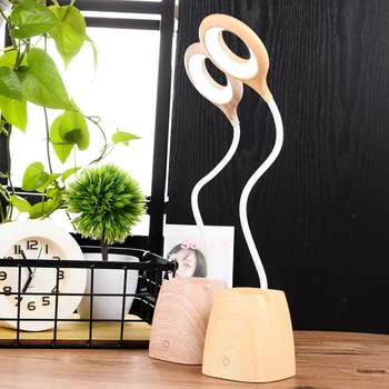 

Touch Switch Led Desk Lamp With Brush Pot & Phone Holder Base Wood Grain Eye Care Reading Light Dimmer Rechargeable Table Lamps