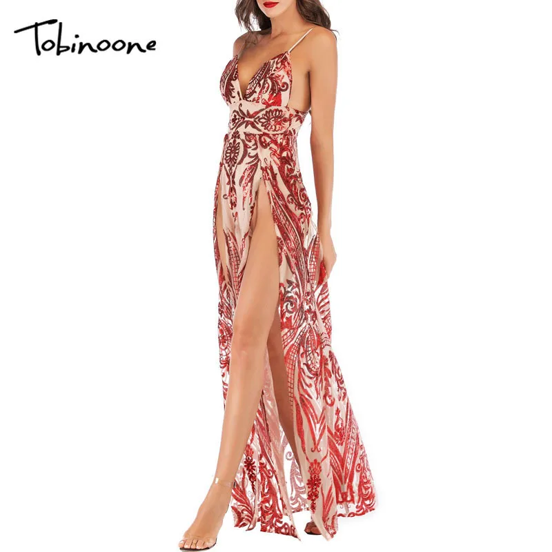 

Tobinoone Sexy women maxi dress women Side Split Backless Beach Wedding sequined evening Party Dresses V Neck Autumn vestidos
