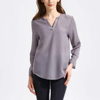 

Summer women blouse V collar long-sleeved loose chiffon top Office Lady Solid shirts blusas femininas elegante plus size