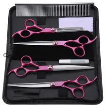 7 дюймов, 4 шт., Розовые ножницы с красной ручкой, профессиональные ножницы для ухода за домашними животными, парикмахерские ножницы, набор, режущий истончение, инструмент для укладки