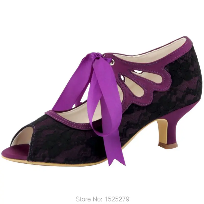 

HP1522 purple black woman shoes mary jane mid heel wedding bridal pumps ribbon tie lace ladies bride bridesmaid prom party dress