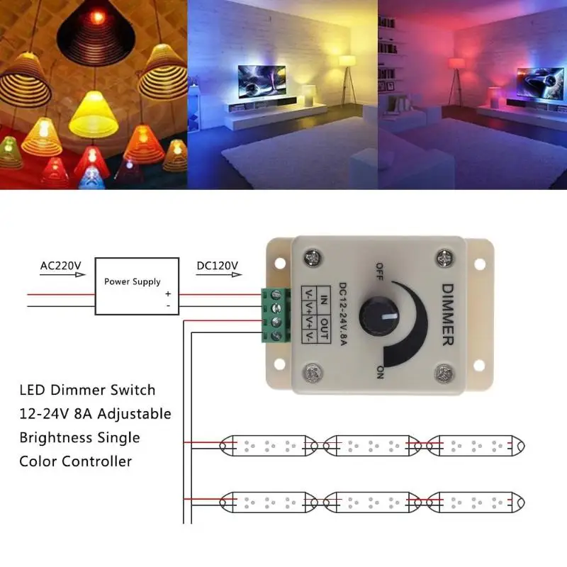 

LED Dimmer Switch 12-24V 8A Adjustable Knob control Implementing stepless dimming Brightness Single Color Controller
