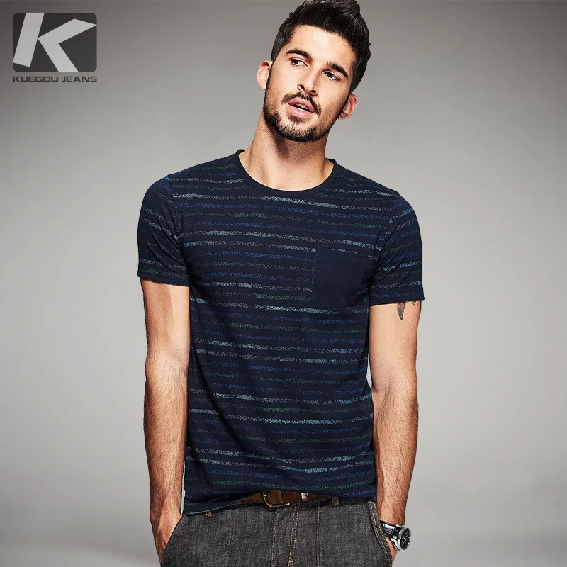 KUEGOU, летняя полосатая синяя футболка из хлопка, Мужская футболка, брендовая футболка с коротким рукавом, Мужская модная одежда, топ 8123