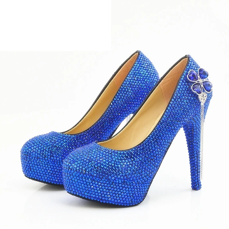 

Clover Royal Blue Rhinestone Wedding Shoes Bride Formal Dress Shoes Customzied Handwork Woman Cinderella Prom Platform Pumps