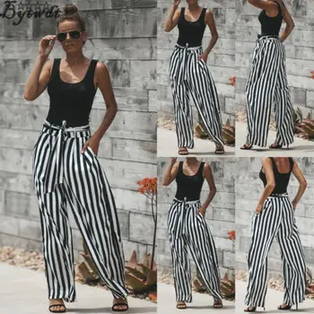 

Women Stripe Trousers Palazzo Loose Wide Leg High Waisted Beach Casual Pants