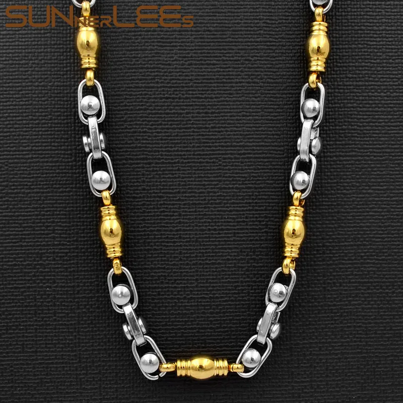 

SUNNERLEES Fashion Jewelry Stainless Steel Necklace 7mm Geometric Beads Link Chain Silver Gold Color For Men Women Gift SC100 N
